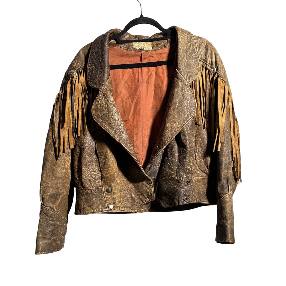 VTG Brown Leather Fringe Jacket Moto Crop Boho Western Rodeo Sz M Distressed SEE